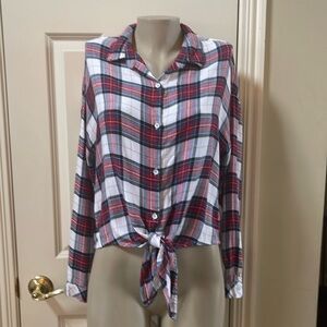 Bella Dahl Plaid Button front tie waist Top, large
